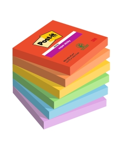 Foglietti Post-it® Super Sticky Playful: rosso candy, arancio acceso, giallo sole, verde trifoglio, blu paradiso, violetto.