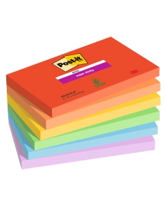 Foglietti Post-it® Super Sticky Playful: rosso candy, arancio acceso, giallo sole, verde trifoglio, blu paradiso, violetto.