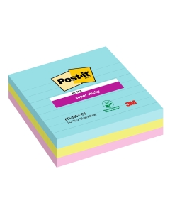 Foglietto Post-it® Super Sticky con adesivo rinforzato può essere applicato anche su superfici difficili e ruvide. Blocchetti da 70 fogli cad: colori Cosmic: acqua, verde acido, rosa tropicale. Formato 101x101mm.