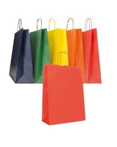Shoppers in carta kraft 90gr colorata con manici in carta ritorta. Confezione assortita nei colori blu scuro, verde scuro, giallo, rosso e arancione.